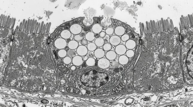 TEM of intestinal goblet cell with apical mucin granules exocytosis
