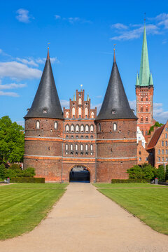Medieval Holstein Gate, historic landmark and symbol of the Hanseatic City of L&uuml;beck