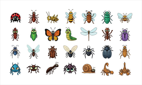Collection of cartoon insects and bugs with illustration character collection butterfly scorpion