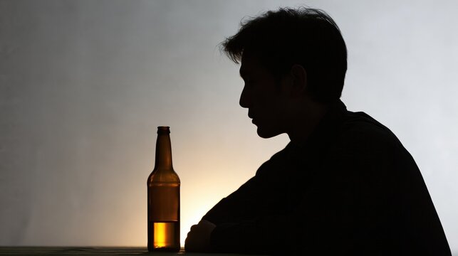 Depressed man in silhouette sitting alone with an alcohol bottle. Alcoholism. Dependence, addiction. High alcohol consumption