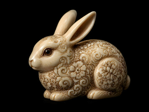 Antique Japanese Ivory Netsuke Rabbit Figurine with Floral Carvings on Black Background