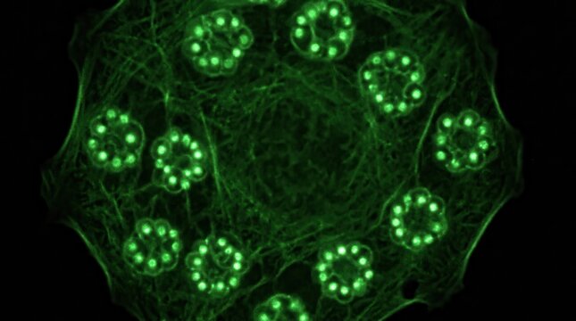 TIRF fluorescence micrograph of macrophage actin podosome rosettes