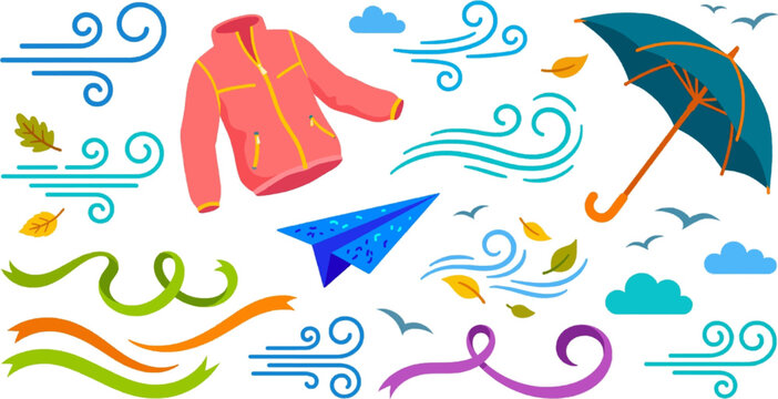 Windy Weather Elements with Jacket and Umbrella