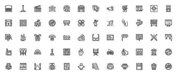 Scenic arts related icon set. Minimal linear icons. Stage icon set. Related to cinema, theater, music, dance, film, circus, stage, show, drama, ballet, opera, concert and more. © wang