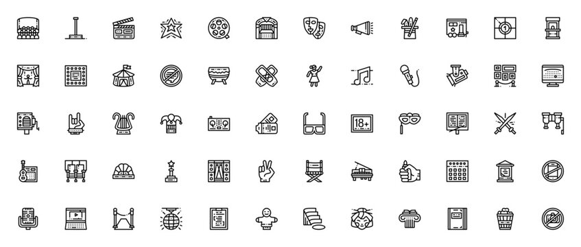 Scenic arts related icon set. Minimal linear icons. Stage icon set. Related to cinema, theater, music, dance, film, circus, stage, show, drama, ballet, opera, concert and more.