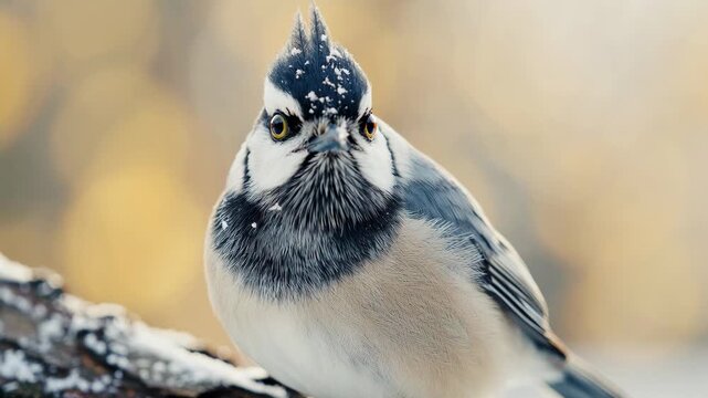 Panning shot of crested tit turning head and pecking on snowy branch in winter forest close up