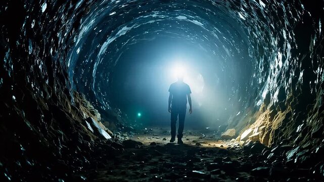 Person walking through a glowing tunnel