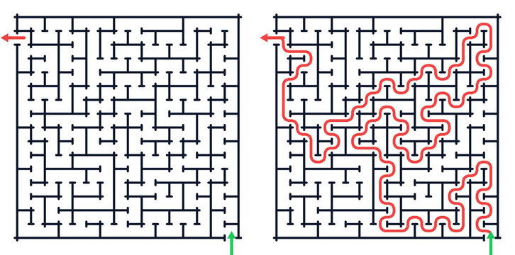 Maze design showing paths on grid with multiple routes and a highlighted solution path at different angles on a flat surface