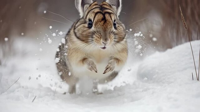 Tracking shot of chipmunk leaping through snow toward camera in winter meadow for wildlife action
