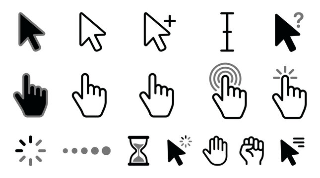 A collection of diverse black and white mouse cursor and hand pointer icons, showing various interactive UI states, symbolizing user interface design and digital interaction