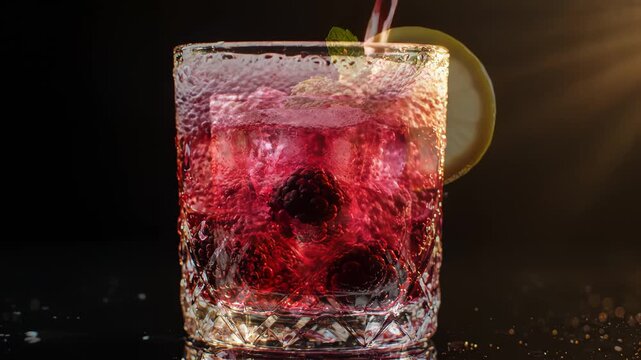 Red drink poured into glass with berries highlighting vibrant colors and contemporary design