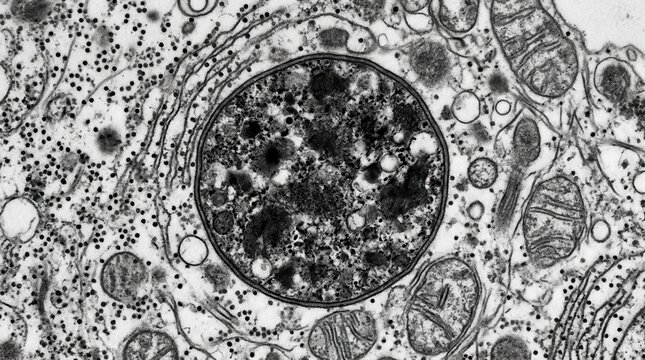 TEM of lysosome showing electron dense granular interior structure