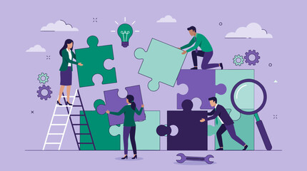 Fototapeta premium Business professionals assemble large puzzle pieces on a purple background, featuring an idea lightbulb, gears and a magnifying glass, Symbolizing collaborative teamwork and strategic problem-solving