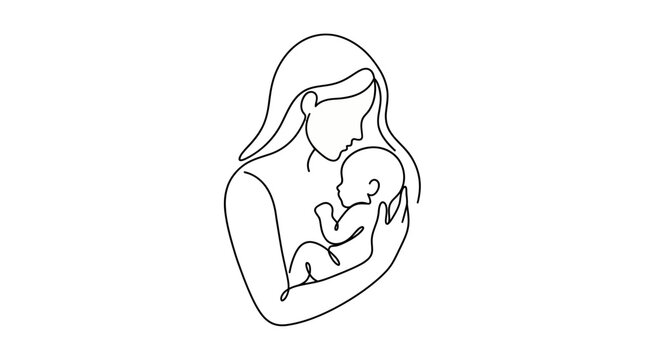 Minimalist line art of a mother gently cradling her newborn baby on a crisp white background, symbolizing unconditional maternal love and expressing tender family bond