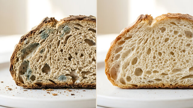 Comparison of moldy sourdough bread versus fresh artisan bread slice | Concept of food spoilage and health safety in the kitchen | Healthy versus expired organic bakery products with visible mold | Cl