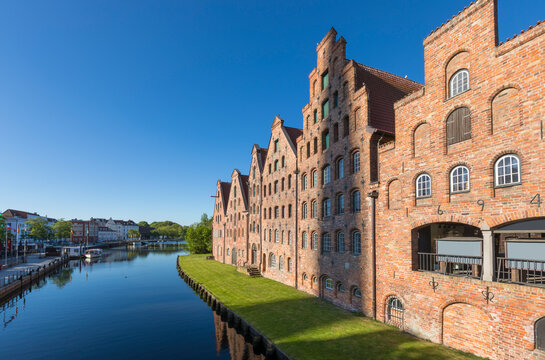 Medieval warehouses at Untertrave river opposite to L&uuml;beck old town