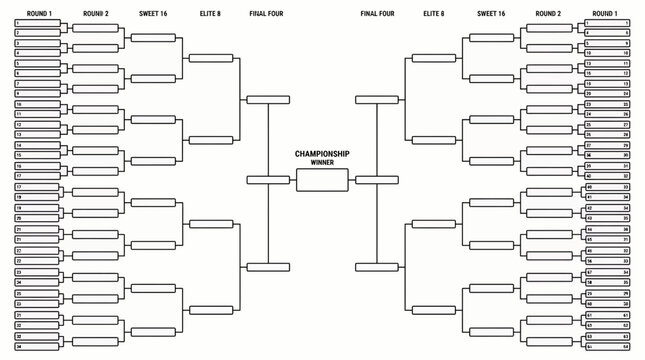 Detailed blank 64 participant single elimination tournament bracket chart with distinct round labels, illustrating sports event planning, competition organization