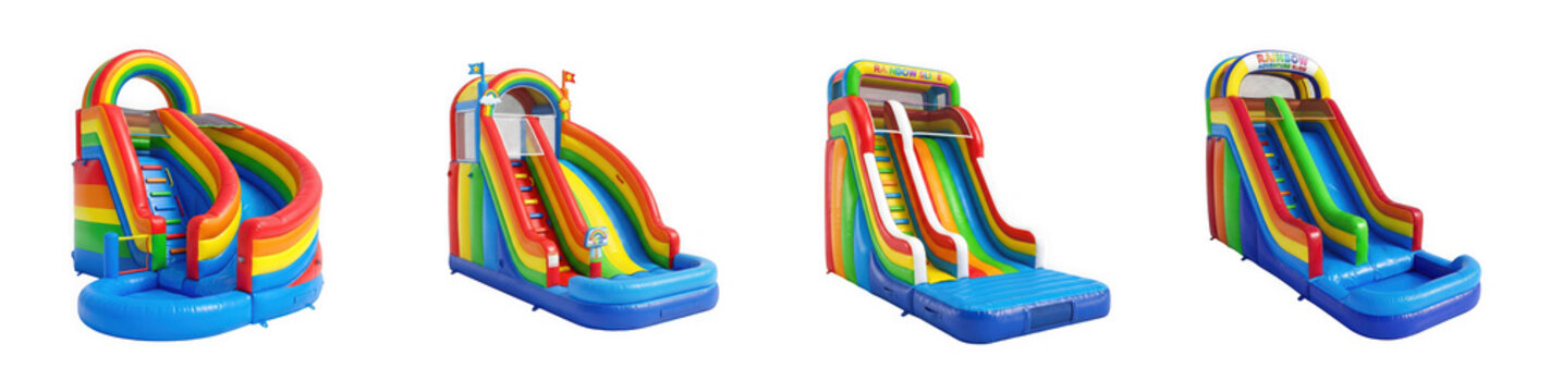 Colorful rainbow inflatable water slide bouncer isolated on transparent background