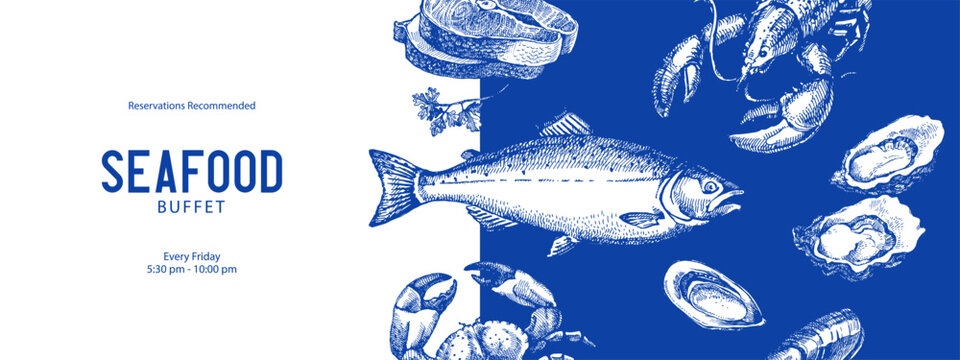Sketch vintage seafood frame. Hand drawn vector illustration background. Salmon, crab, shrimps, lobster, oysters set