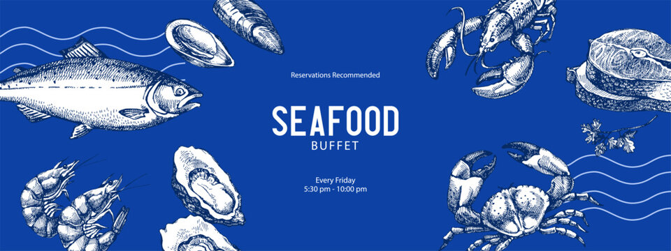 Sketch vintage seafood frame. Hand drawn vector illustration background. Salmon, crab, shrimps, lobster, oysters set
