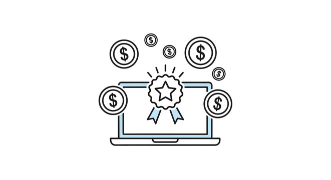 Laptop with money and award.