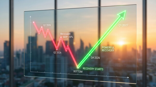 V-Shaped Economic Recovery Stock Market Graph on Transparent Glass over City Skyline