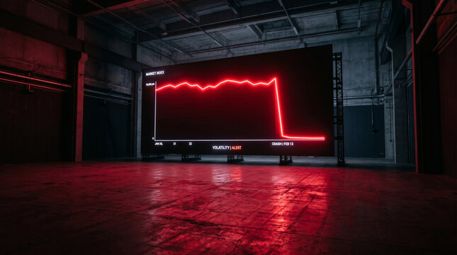 Giant Screen Displaying Dramatic Red Stock Market Crash Graph in Dark Industrial Space