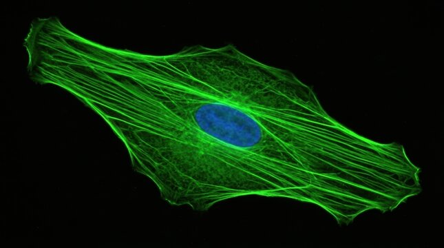 Confocal fluorescence micrograph of fibroblast with green phalloidin labeled actin stress fibers
