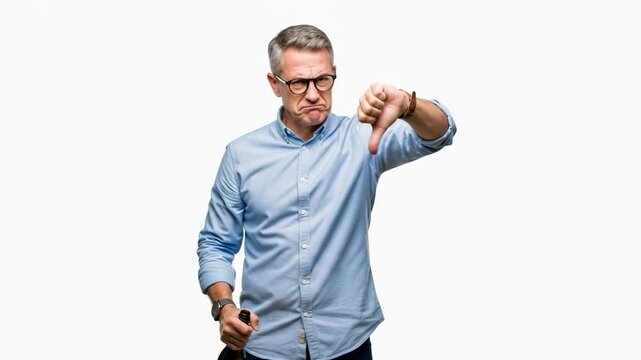 Man giving thumbs-down gesture with a skeptical expression