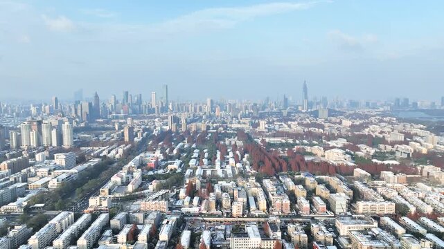 Snow Covered Urban Apartments and Nanjing Skyline in Winter in Nanjing, China