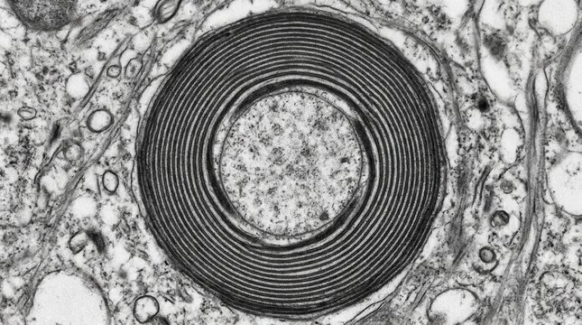 TEM cross section of myelinated axon with concentric compact myelin lamellae