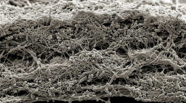 SEM cross section of dense multispecies bacterial biofilm with fibrous EPS matrix