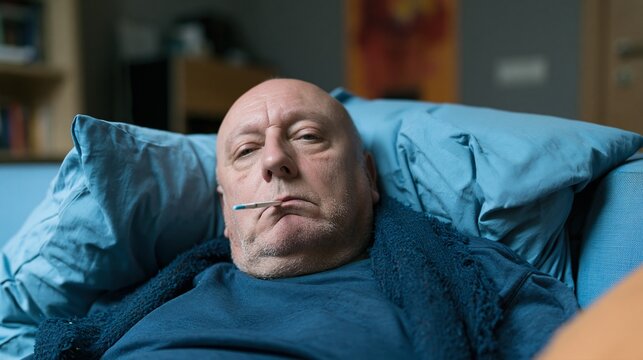 Homme chauve malade allong&eacute; dans un lit avec thermom&egrave;tre dans la bouche