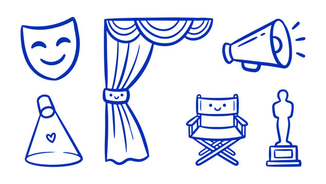 Theatrical icons including comedy mask, curtain, megaphone, clapperboard, director chair, Oscar statuette