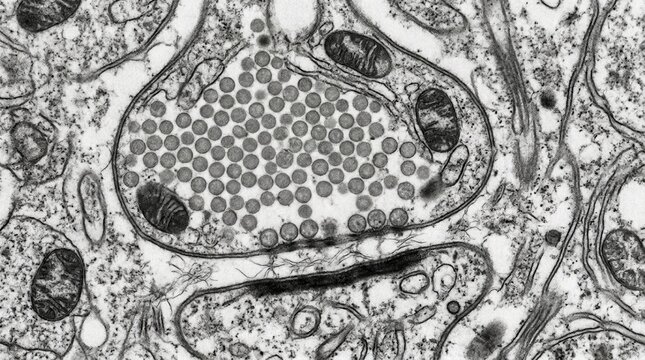 TEM micrograph of presynaptic bouton with clustered synaptic vesicles at active zone