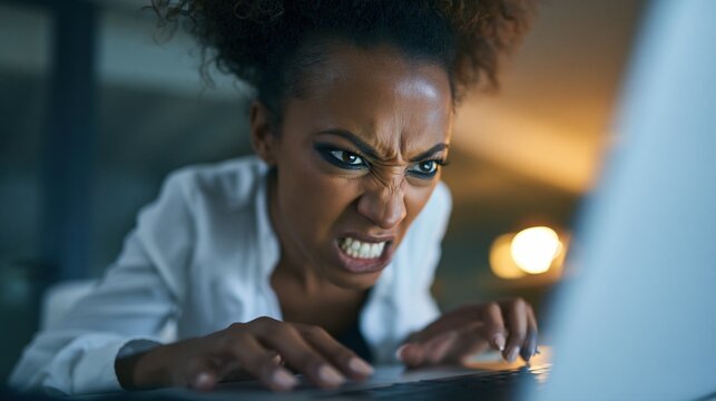 Femme en col&egrave;re regardant intens&eacute;ment son ordinateur portable
