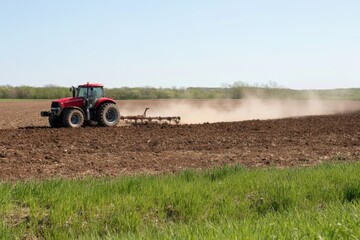 Fototapeta premium The red tractor plowing a dusty field under clear blue sky on a farm