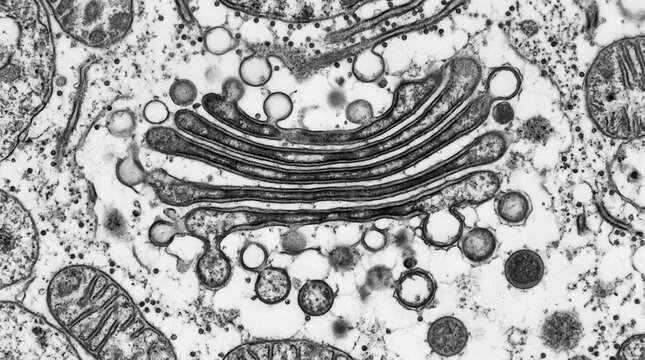TEM of Golgi apparatus showing stacked curved cisternae with budding vesicles