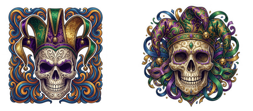 Mardi gras themed skull wearing jester crown isolated on transparent background