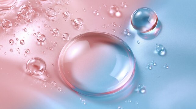 Bulles transparentes flottant dans un d&eacute;grad&eacute; rose et bleu doux