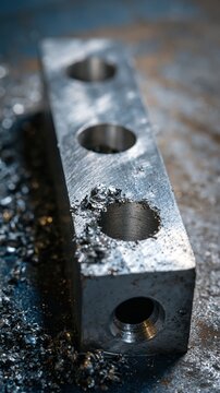 Pi&egrave;ce m&eacute;tallique usin&eacute;e avec trous perc&eacute;s et copeaux sur surface