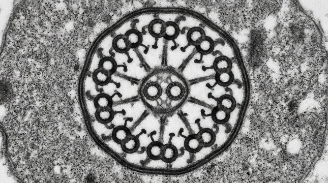 TEM cross section of motile cilium axoneme with microtubule doublet arrangement