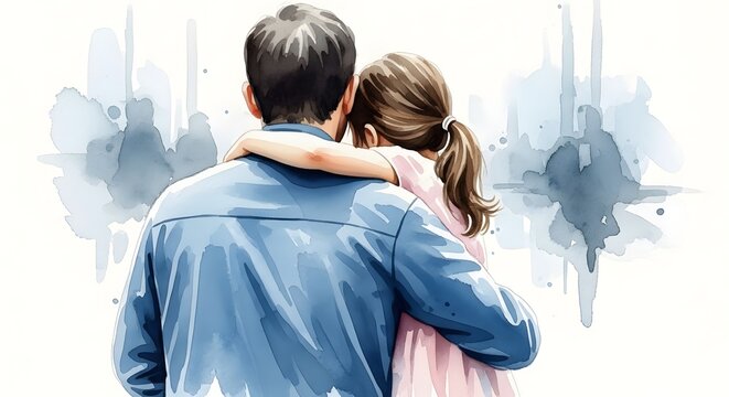Touching father's day illustration dad and daughter embrace with watercolor effect