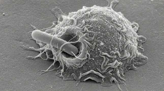 SEM of macrophage phagocytosis extending pseudopods around rod shaped bacterium