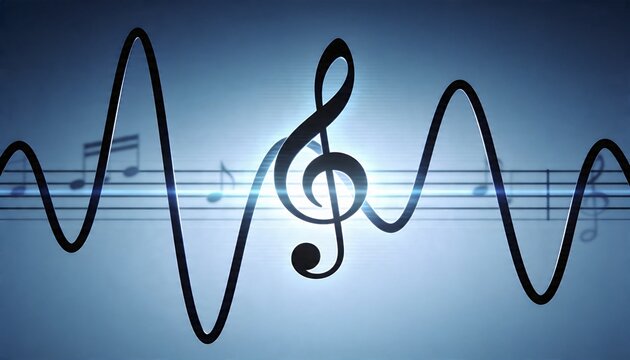 Showing large black treble clef merging with sine-wave line on blue gradient, glowing staff notes