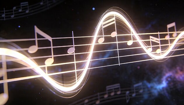 Glowing musical staff weaving luminous sine-wave across cosmic starfield, with golden notes, nebula