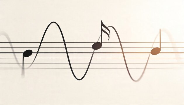 Flowing five-line staff and sine wave weaving across beige textured background, showing three notes