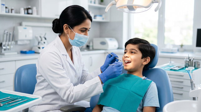 indian female dentist performing pediatric dental checkup for young boy patient in premium modern dental clinic healthcare concept