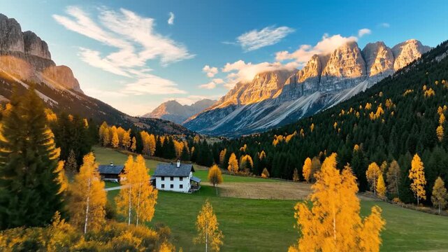 Mountain landscape of the Italian Dolomites at sunset during autumn featuring a traditional white alpine house in a valley surrounded by golden larch trees and massive rocky peaks.