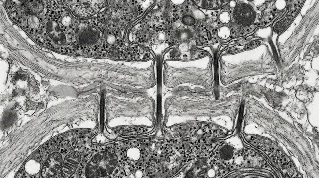 TEM longitudinal section of plant cell wall showing plasmodesmata channels